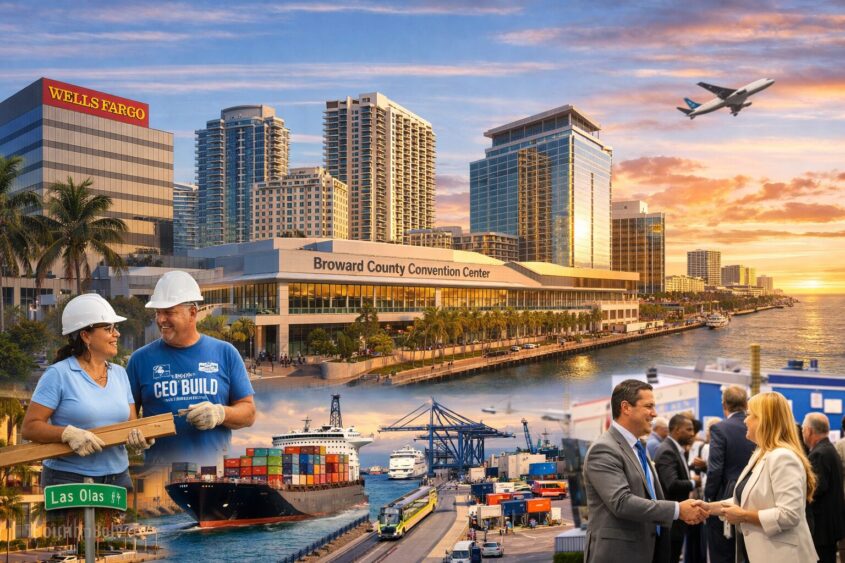 A collage of downtown Fort Lauderdale features skyscrapers, a convention center, port with shipping containers, an airplane overhead, two workers in hard hats, a handshake at a business event, and a Las Olas Blvd street sign. South Florida Business & Wealth