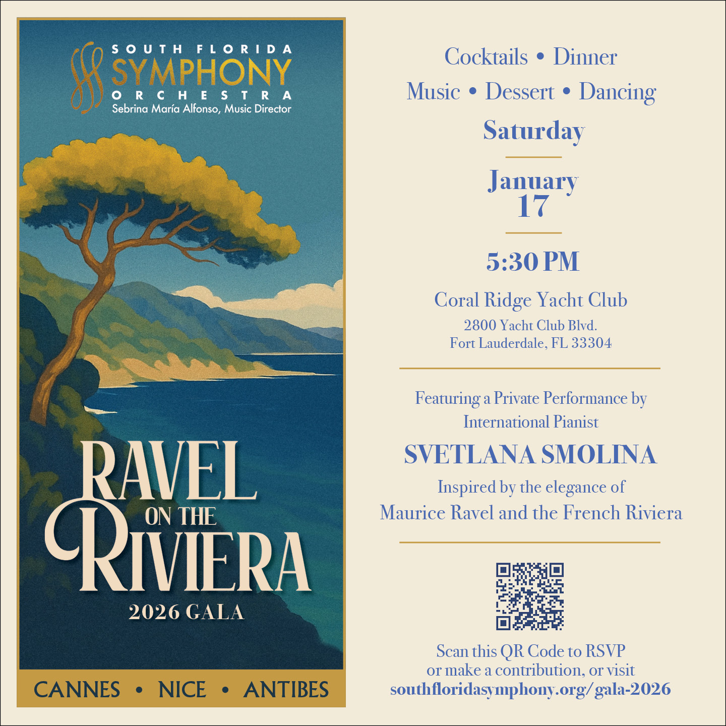 Event flyer for the South Florida Symphony Orchestra 2026 Gala, titled "Ravel on the Riviera," featuring a Riviera landscape, event details, and a QR code for RSVP. The event is January 17 at 5:30 PM in Fort Lauderdale. South Florida Business & Wealth