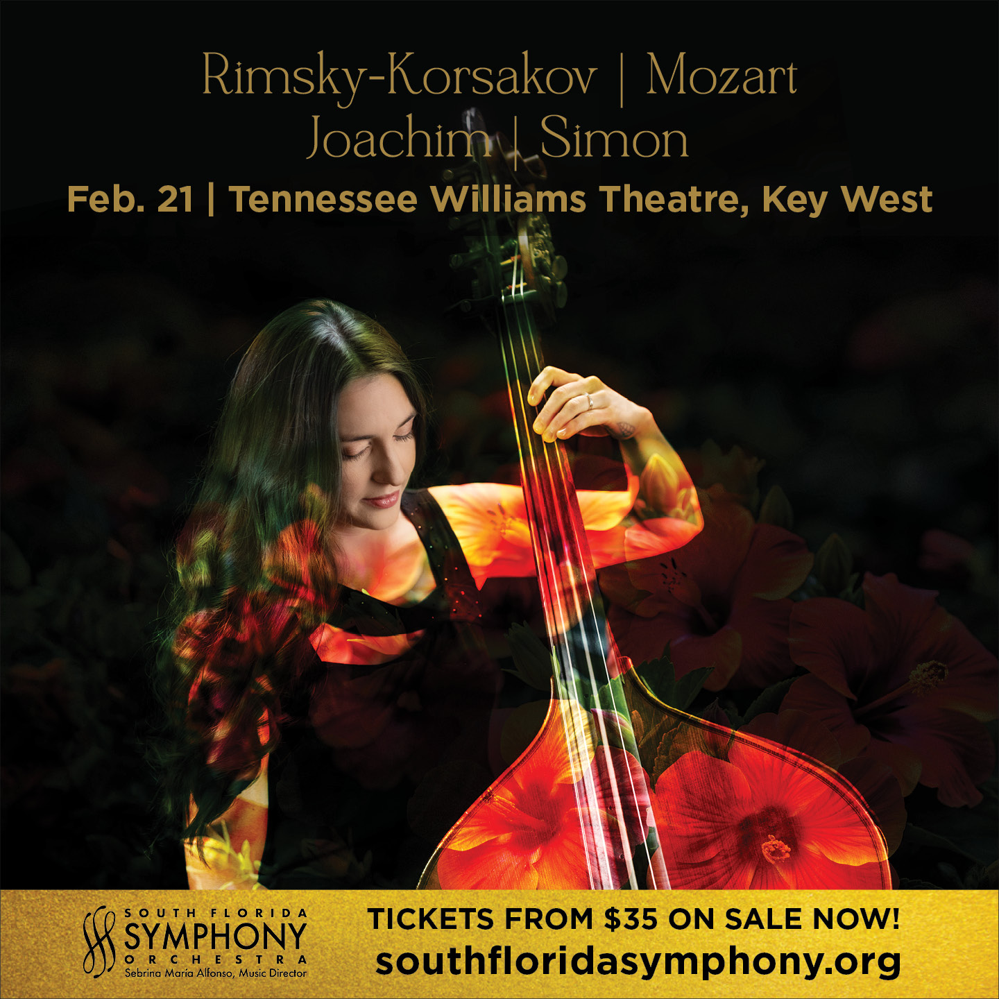 A woman plays a cello, surrounded by soft floral imagery. Text announces a concert featuring Rimsky-Korsakov, Mozart, Joachim, and Simon on Feb. 21 at Tennessee Williams Theatre, Key West, by South Florida Symphony Orchestra. South Florida Business & Wealth