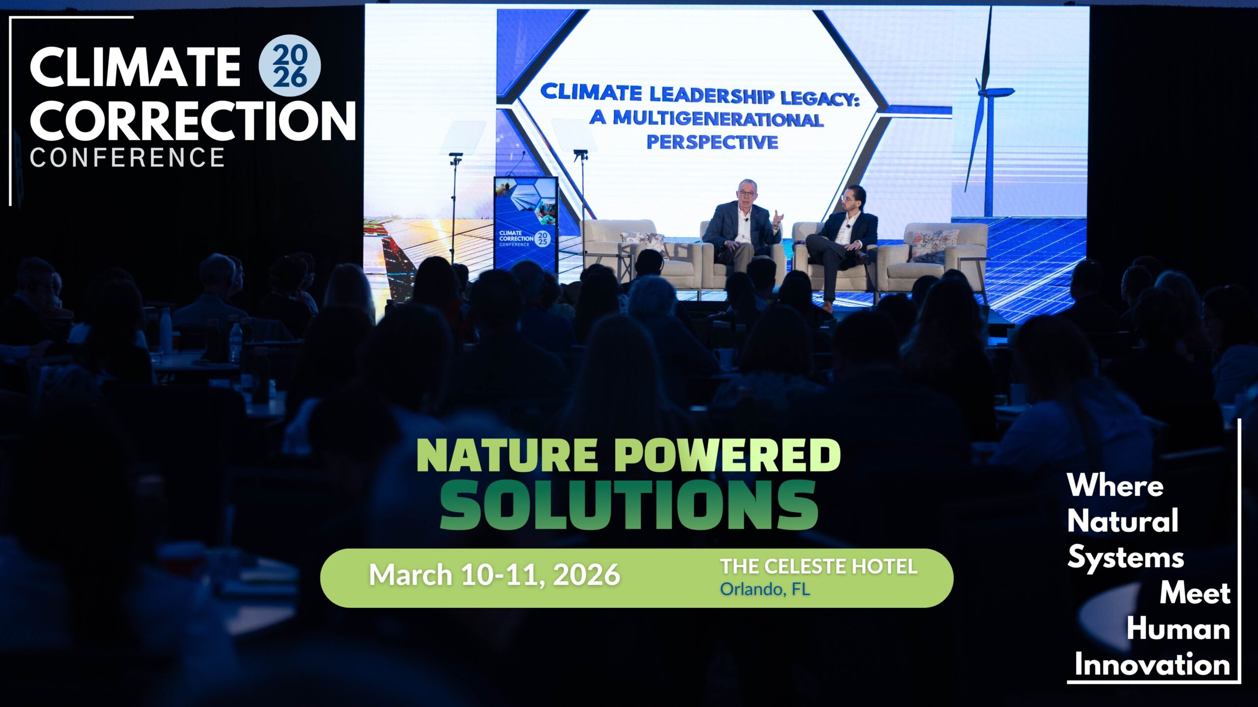 A conference panel discussion is taking place on stage with two speakers seated in front of a screen displaying “Climate Leadership Legacy: A Multigenerational Perspective.” An audience watches in a dimly lit room. South Florida Business & Wealth