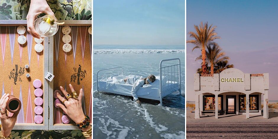 A collage: left, hands play backgammon with a drink and macarons; center, a person lies in a bed partially submerged at a beach shore; right, a deserted Chanel store stands under palm trees in a sunny, empty landscape. South Florida Business & Wealth