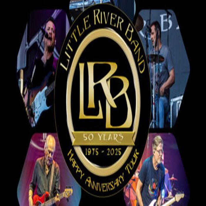 Collage of Little River Band members performing on stage, with a central gold and black emblem that reads "LRB 50 Years 1975-2025 Little River Band Happy Anniversary Tour. South Florida Business & Wealth