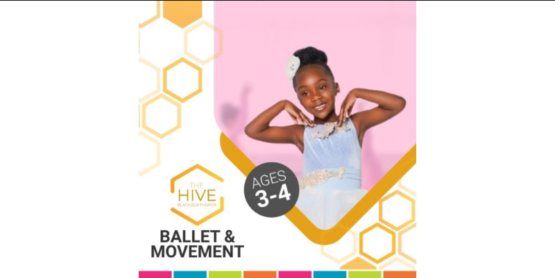 A young girl in a blue dress poses with her arms raised in a ballet position. The background is pink, and text reads "The Hive Ballet & Movement, Ages 3-4" with a honeycomb design element. South Florida Business & Wealth