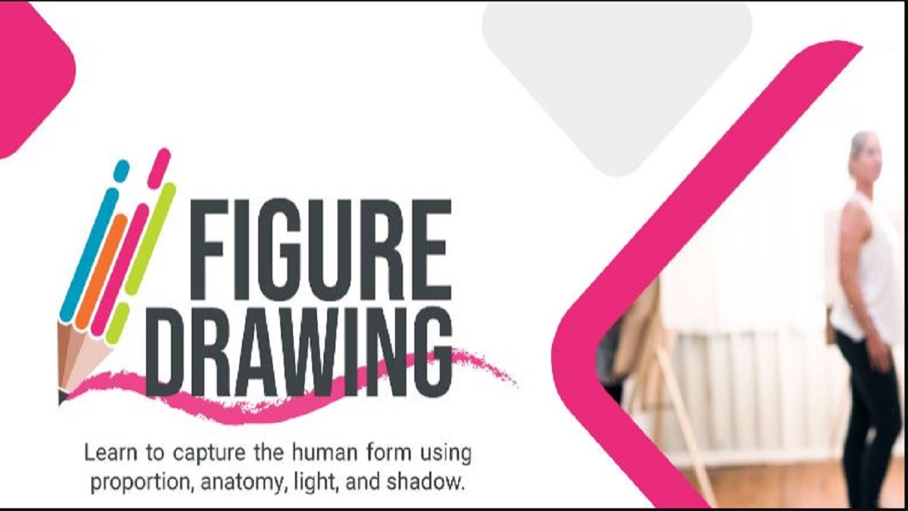 Figure Drawing text with colored pencils graphic, tagline "Learn to capture the human form using proportion, anatomy, light, and shadow." Background shows blurred person standing in art studio. South Florida Business & Wealth