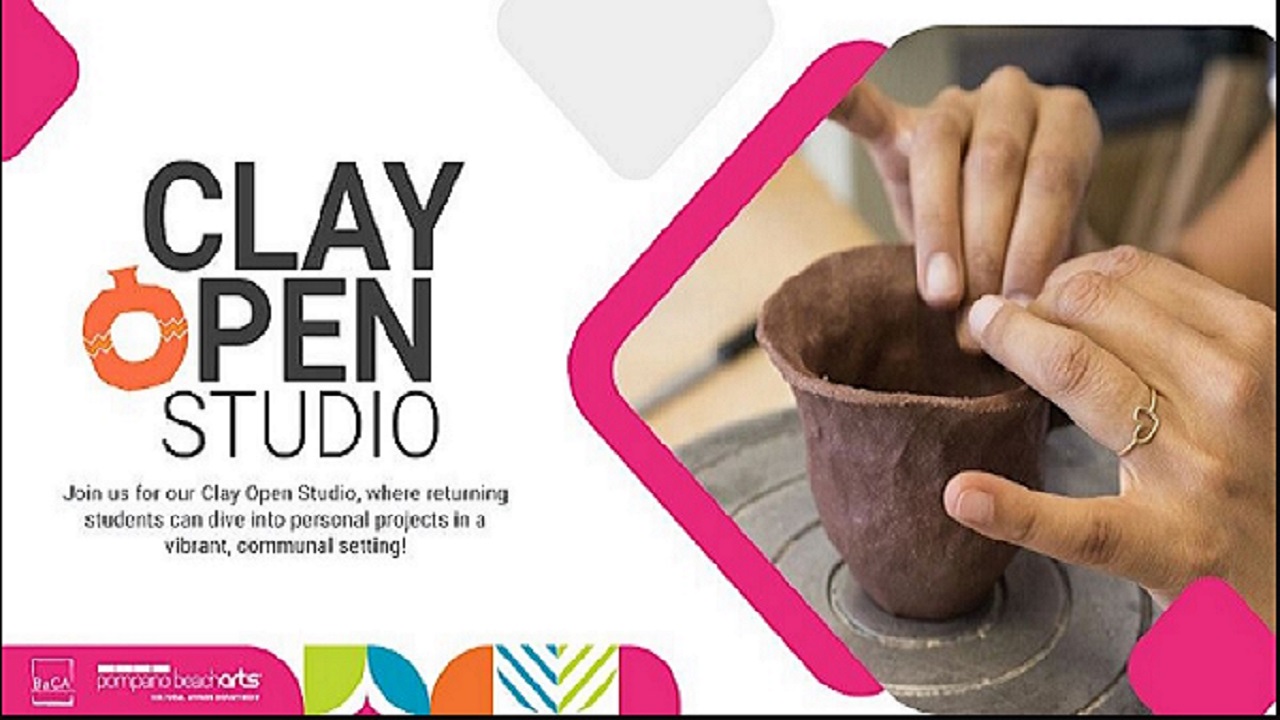 A person shapes a clay pot on a pottery wheel. Beside the photo, text reads: "CLAY OPEN STUDIO. Join us for our Clay Open Studio, where returning students can dive into personal projects in a vibrant, communal setting!. South Florida Business & Wealth