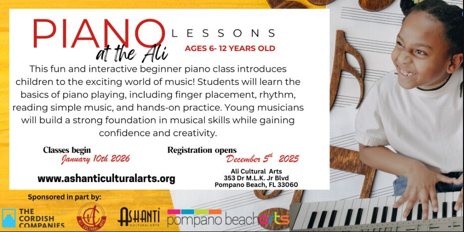 Flyer for “Piano at the Ali” lessons for ages 6-12, featuring a smiling child playing piano. Includes details, dates, location at Ali Cultural Arts, and sponsor logos at the bottom. South Florida Business & Wealth