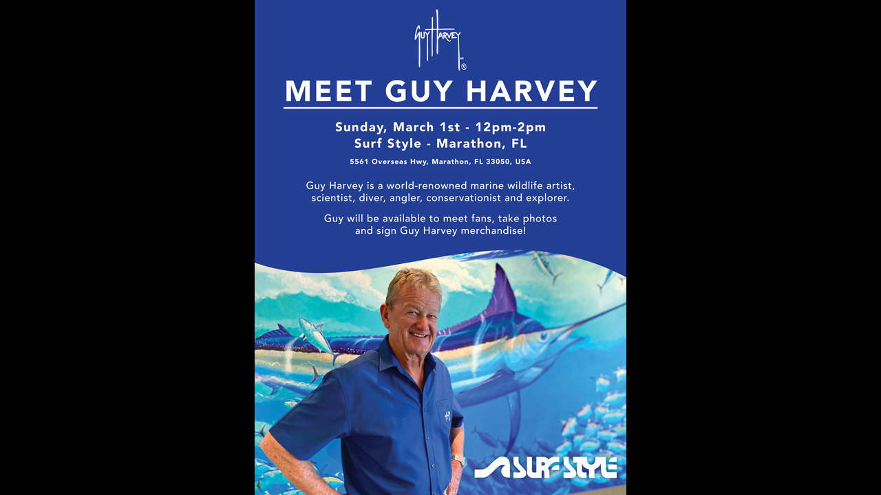 Promotional poster for a Guy Harvey meet-and-greet event at Surf Style in Marathon, FL on March 1st, featuring Guy Harvey smiling in front of a mural with marine life, and event details on a blue background. South Florida Business & Wealth