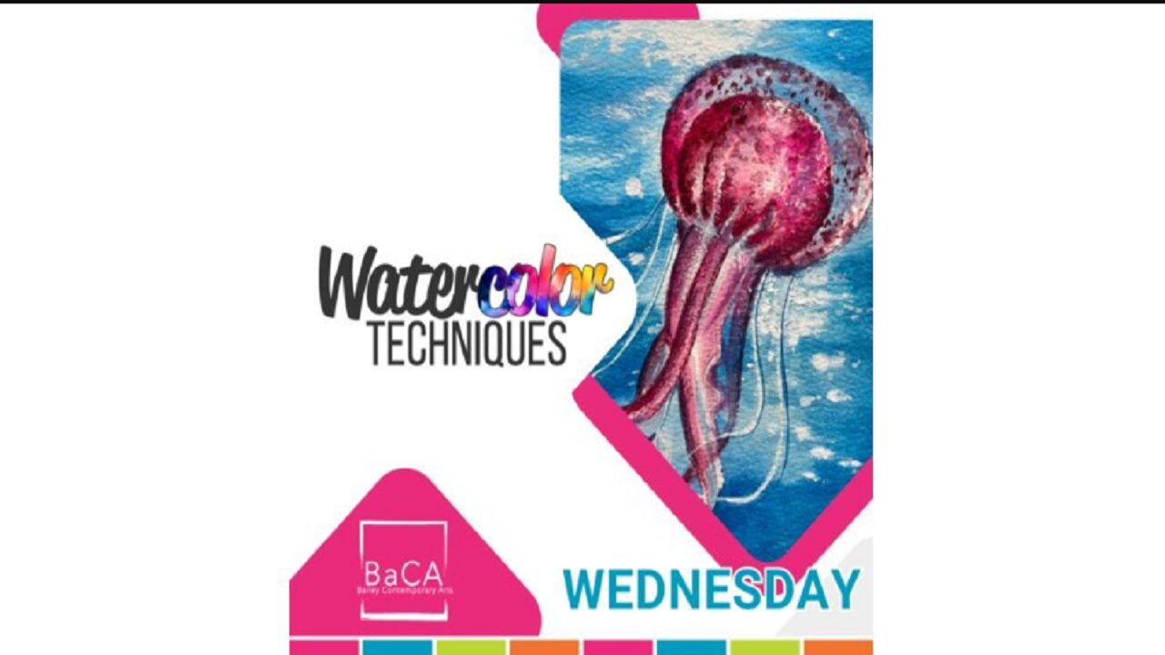 A poster for "Watercolor Techniques" features a watercolor painting of a jellyfish. The event is on Wednesday and includes the BaCA logo at the bottom against a colorful, geometric design. South Florida Business & Wealth