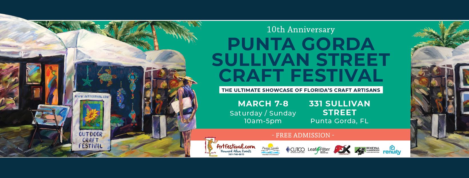 Colorful illustrated banner for the 10th Anniversary Punta Gorda Sullivan Street Craft Festival. Event details: March 7-8, 10am-5pm, 331 Sullivan Street, Punta Gorda, FL. Free admission. Outdoor booths and palm trees are shown. South Florida Business & Wealth