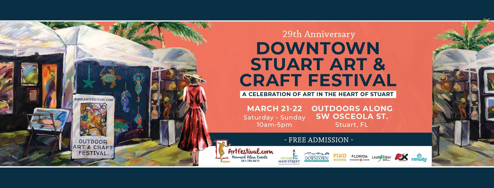Banner for the 29th Downtown Stuart Art & Craft Festival featuring outdoor tents, colorful art, event details, and sponsor logos. Event is March 21–22, 10am–5pm on SW Osceola St., Stuart, FL. Free admission. South Florida Business & Wealth