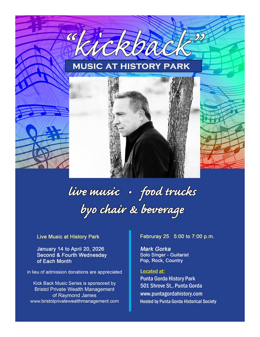 A flyer for "Kickback: Music at History Park" features a grayscale photo of a man in profile, event details, music notes background, and information about live music, food trucks, and bringing your own chair and beverage. South Florida Business & Wealth