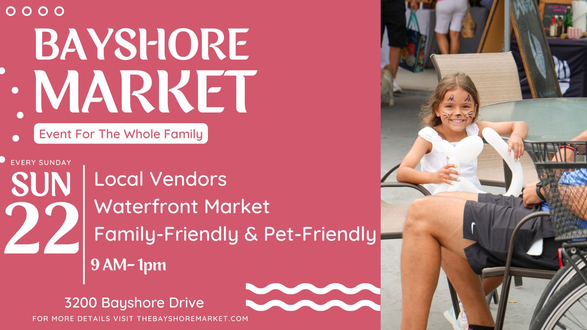 A young girl with a painted face and a big smile sits on a man's lap at an outdoor market. Event details for Bayshore Market appear on the left, promoting a family- and pet-friendly waterfront market on Sunday, Sun 22. South Florida Business & Wealth
