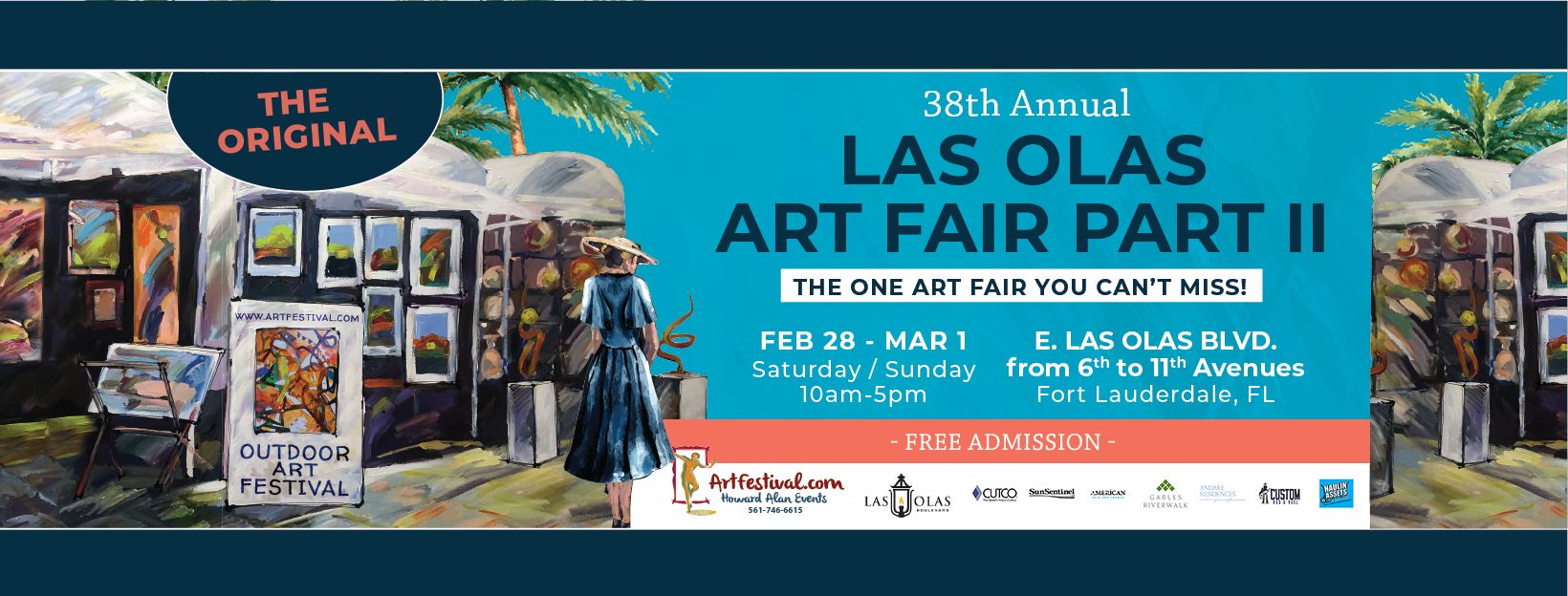 Banner advertising the 38th Annual Las Olas Art Fair Part II, held Feb 28–Mar 1, 10am–5pm, on E. Las Olas Blvd, Fort Lauderdale, FL, featuring outdoor art displays, free admission, and event sponsor logos. South Florida Business & Wealth