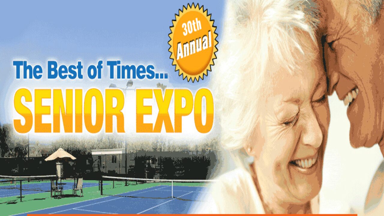 Banner for the 30th Annual Senior Expo shows a smiling older couple embracing, with text reading "The Best of Times... SENIOR EXPO" and tennis courts in the background. South Florida Business & Wealth