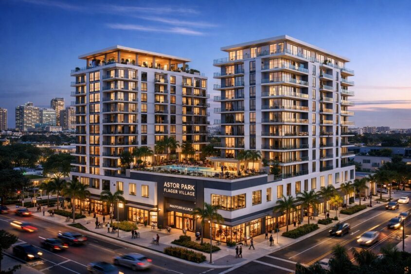 A modern apartment complex with two tall buildings, large balconies, and a rooftop pool, located at a busy intersection at dusk. The sign reads "Astor Park Flagler Village." Palm trees and city lights are visible. South Florida Business & Wealth