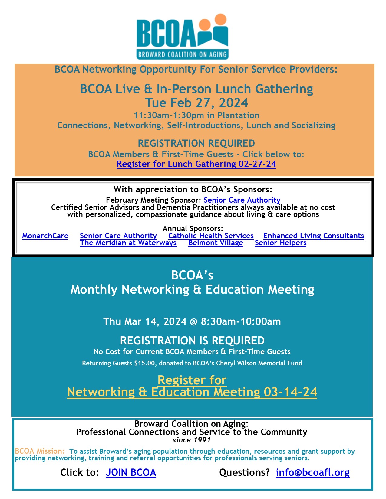 A flyer for BCOA’s in-person lunch networking event on Feb 27, 2024, and a virtual monthly education meeting on Mar 14, 2024, listing registration links, sponsors, and contact info, with a blue and yellow color scheme. South Florida Business & Wealth