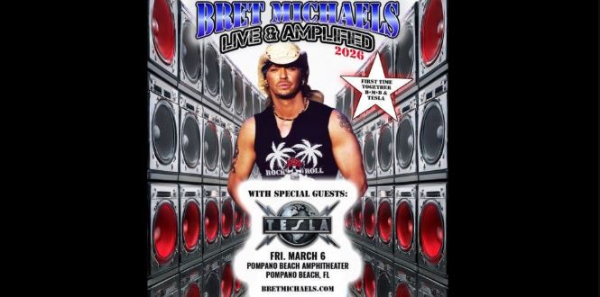 Concert poster featuring Bret Michaels in a sleeveless shirt and cowboy hat, with speakers in the background. Text announces a 2026 show in Pompano Beach, FL, with special guests Tesla. South Florida Business & Wealth