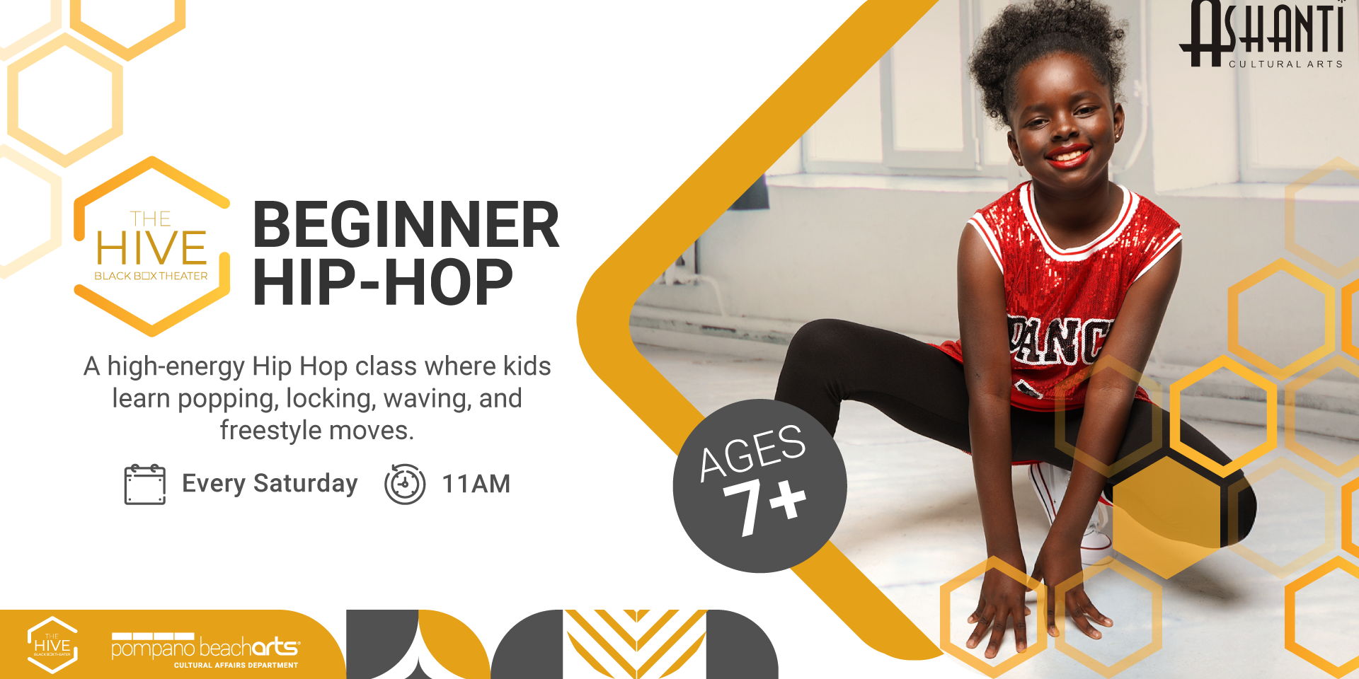 A smiling young girl in a red hip-hop dance outfit kneels on a white floor. Text advertises a beginner hip-hop dance for ages 7+ held every Saturday at 11 AM, organized by Ashanti Cultural Arts and The Hive. South Florida Business & Wealth