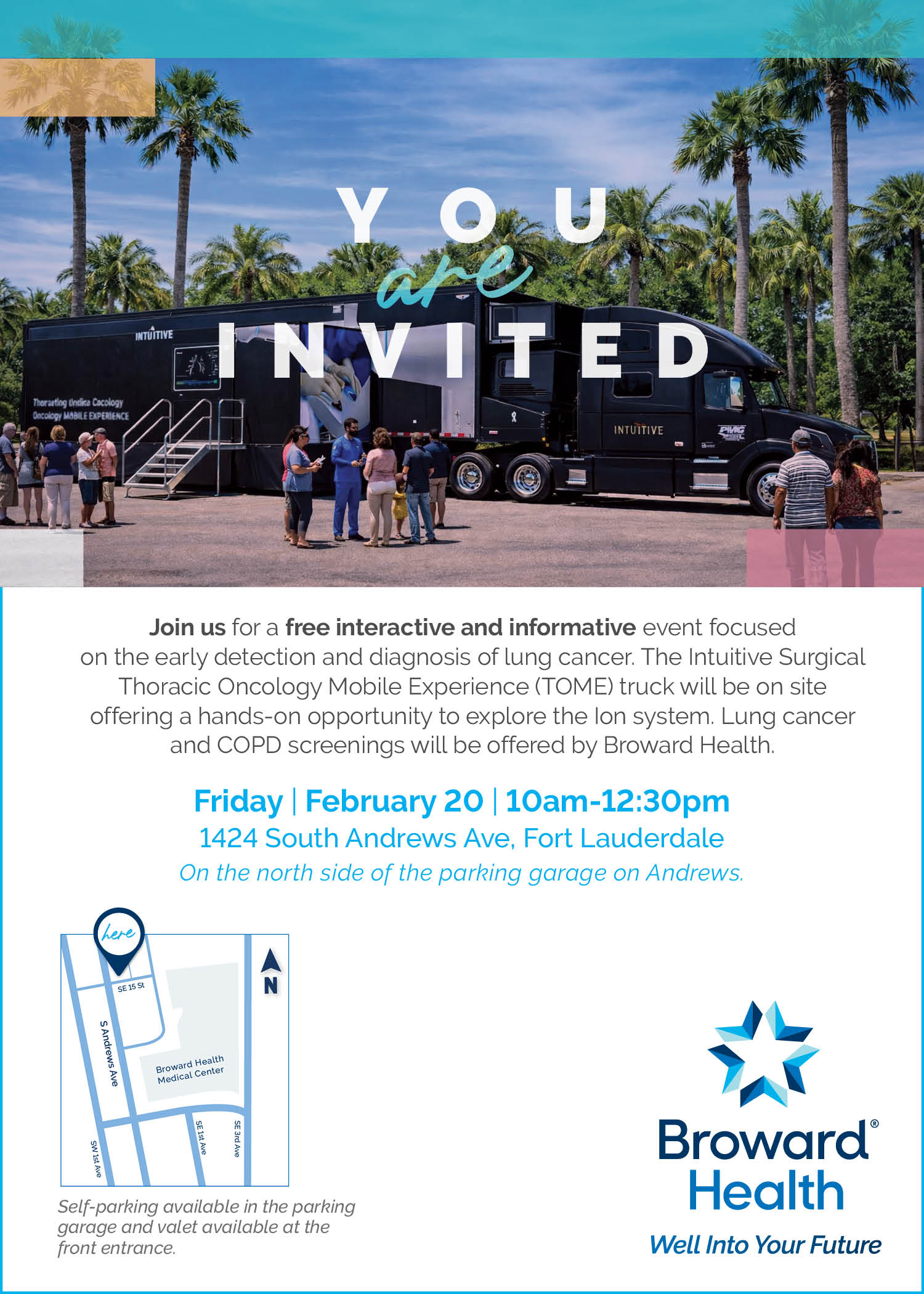 A group of people stand near a large black Intuitive Surgical bus in a parking lot surrounded by palm trees. Text invites the public to a lung cancer event hosted by Broward Health on February 20 in Fort Lauderdale. South Florida Business & Wealth
