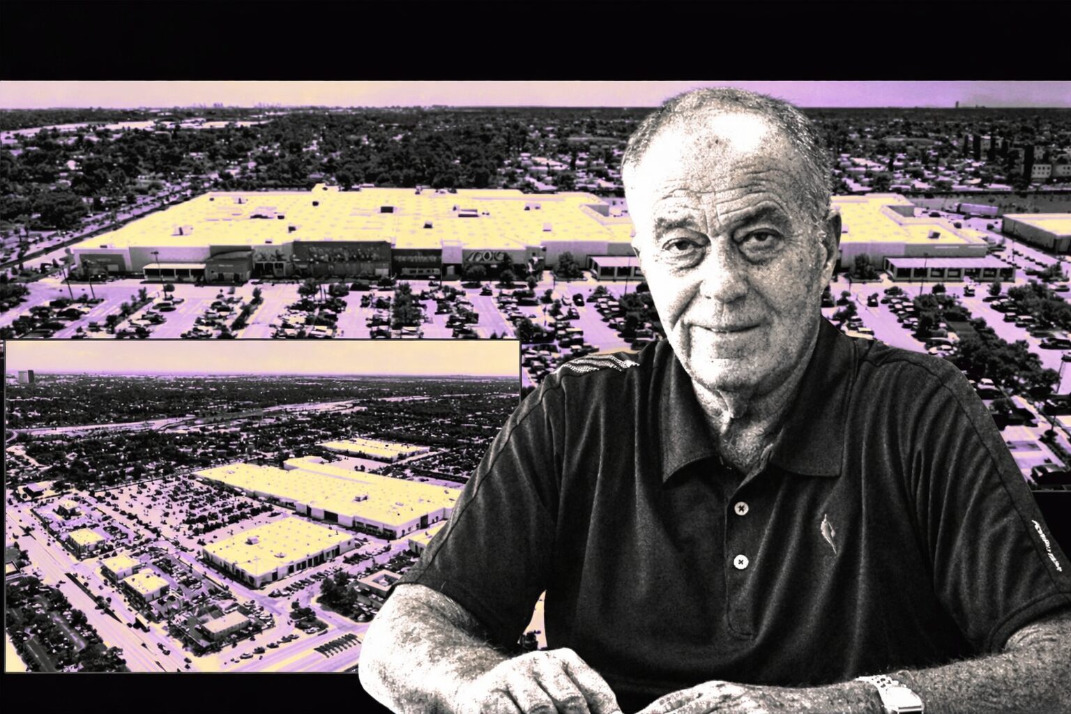 A grayscale image of an older man in a polo shirt is in the foreground, with large, aerial views of a shopping mall and its parking lot in the background. The mall roofs are highlighted in yellow. South Florida Business & Wealth