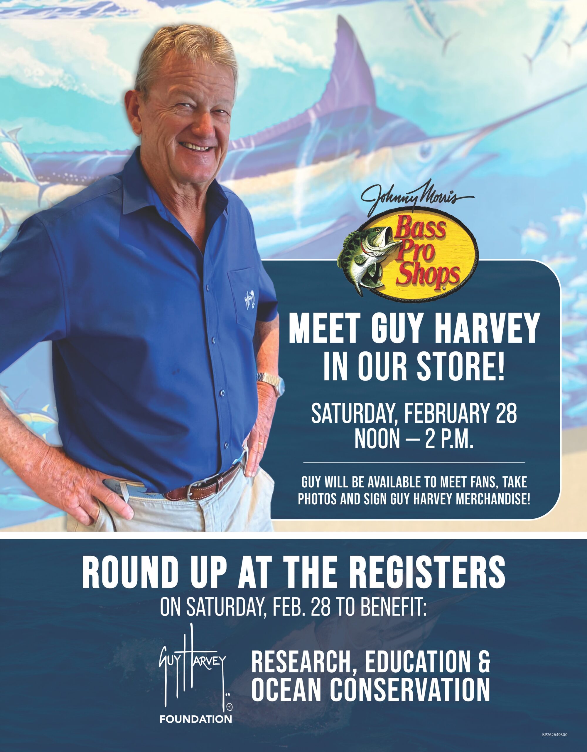 A man in a blue shirt stands smiling in front of an ocean mural with fish. Text promotes a Guy Harvey store event at Bass Pro Shops on Saturday, February 28, supporting ocean conservation efforts. South Florida Business & Wealth