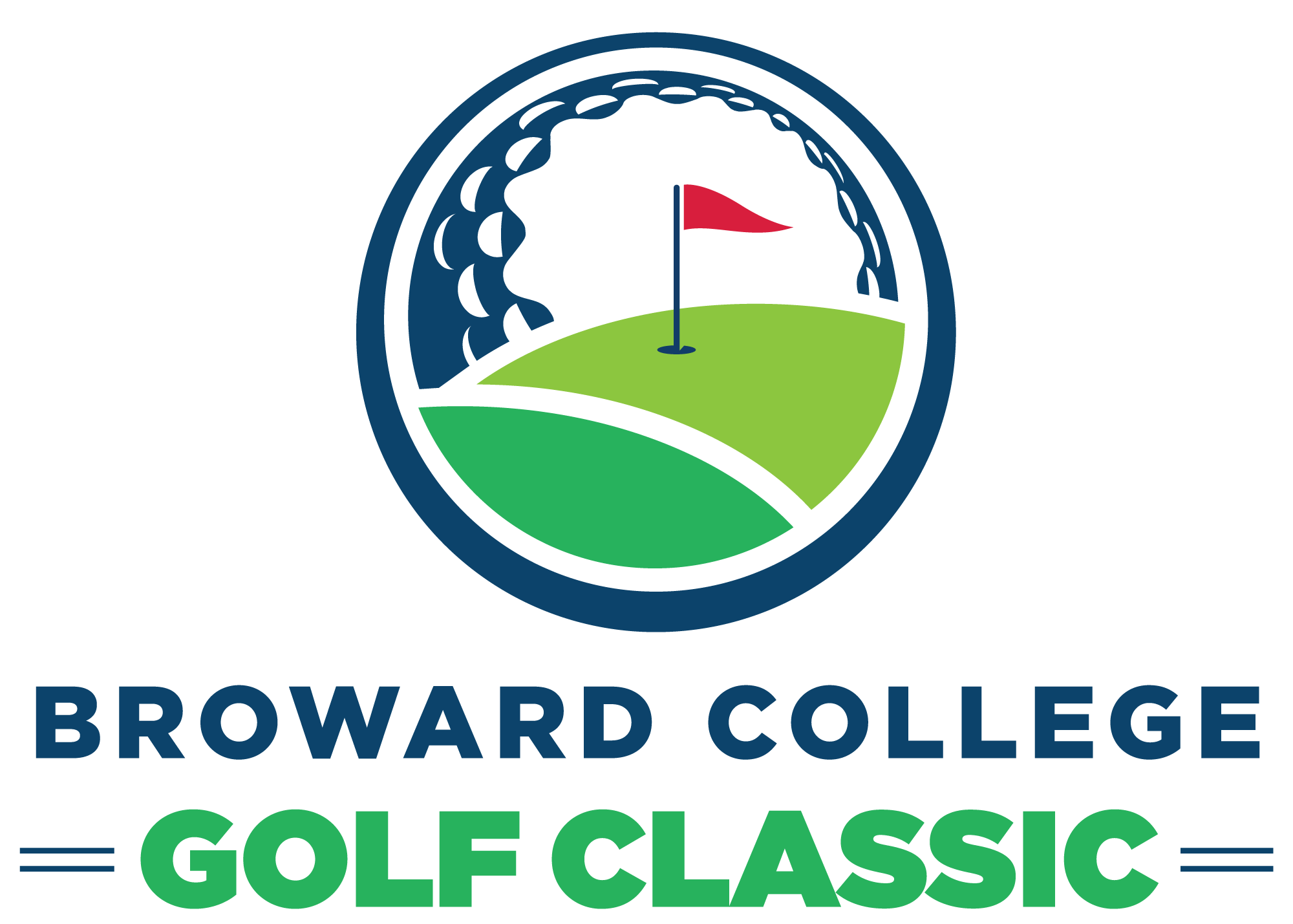 Logo for Broward College Golf Classic featuring a red flag on a green golf course, a stylized golf ball above, and bold text reading "Broward College Golf Classic" below the image. South Florida Business & Wealth