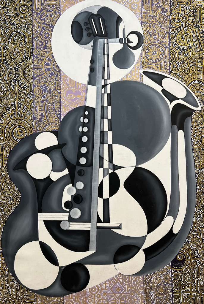 Abstract cubist painting of musical instruments, featuring a saxophone and guitar in shades of black, white, and gray, set against a detailed, patterned gold and purple background. South Florida Business & Wealth