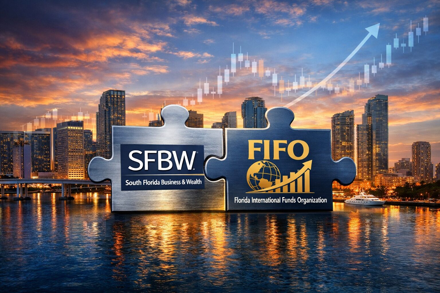 Two puzzle pieces with "SFBW" and "FIFO" logos fit together in front of a city skyline at sunset, with financial chart graphics and an upward arrow overlaying the sky. South Florida Business & Wealth
