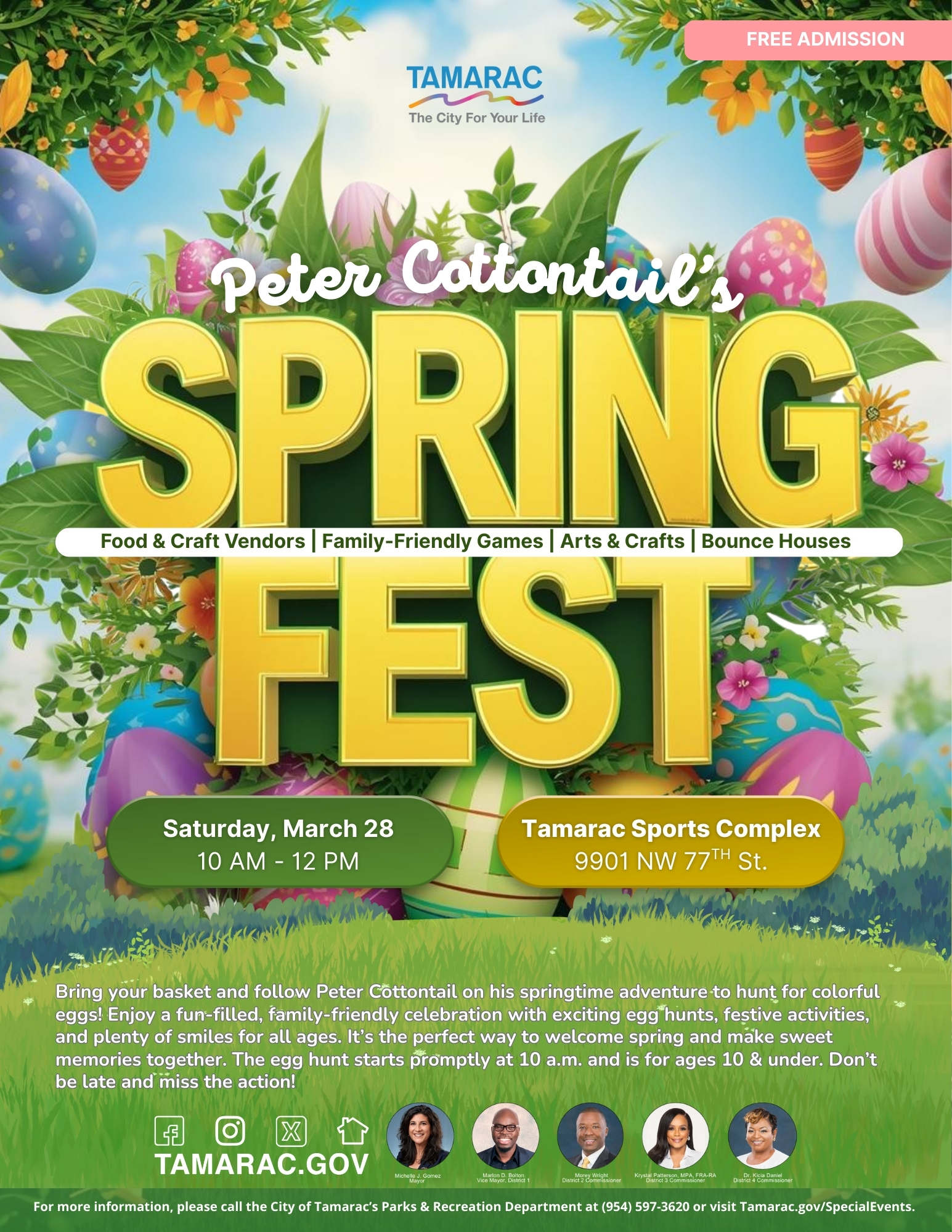 Bright, colorful flyer for Peter Cottontail’s Spring Fest, featuring painted eggs, flowers, and festive decorations. Event details include Saturday, March 28, 10am–12pm at Tamarac Sports Complex, with free admission. South Florida Business & Wealth