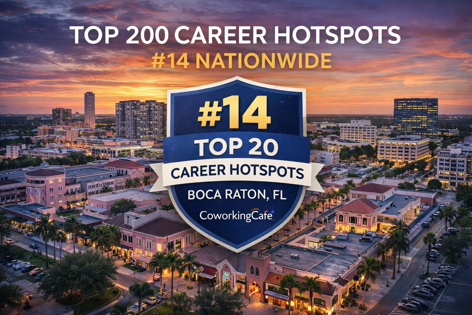 A cityscape of Boca Raton, FL at sunset with a badge stating “#14 Top 20 Career Hotspots” and text reading “Top 200 Career Hotspots, #14 Nationwide, Boca Raton, FL, CoworkingCafe.”. South Florida Business & Wealth