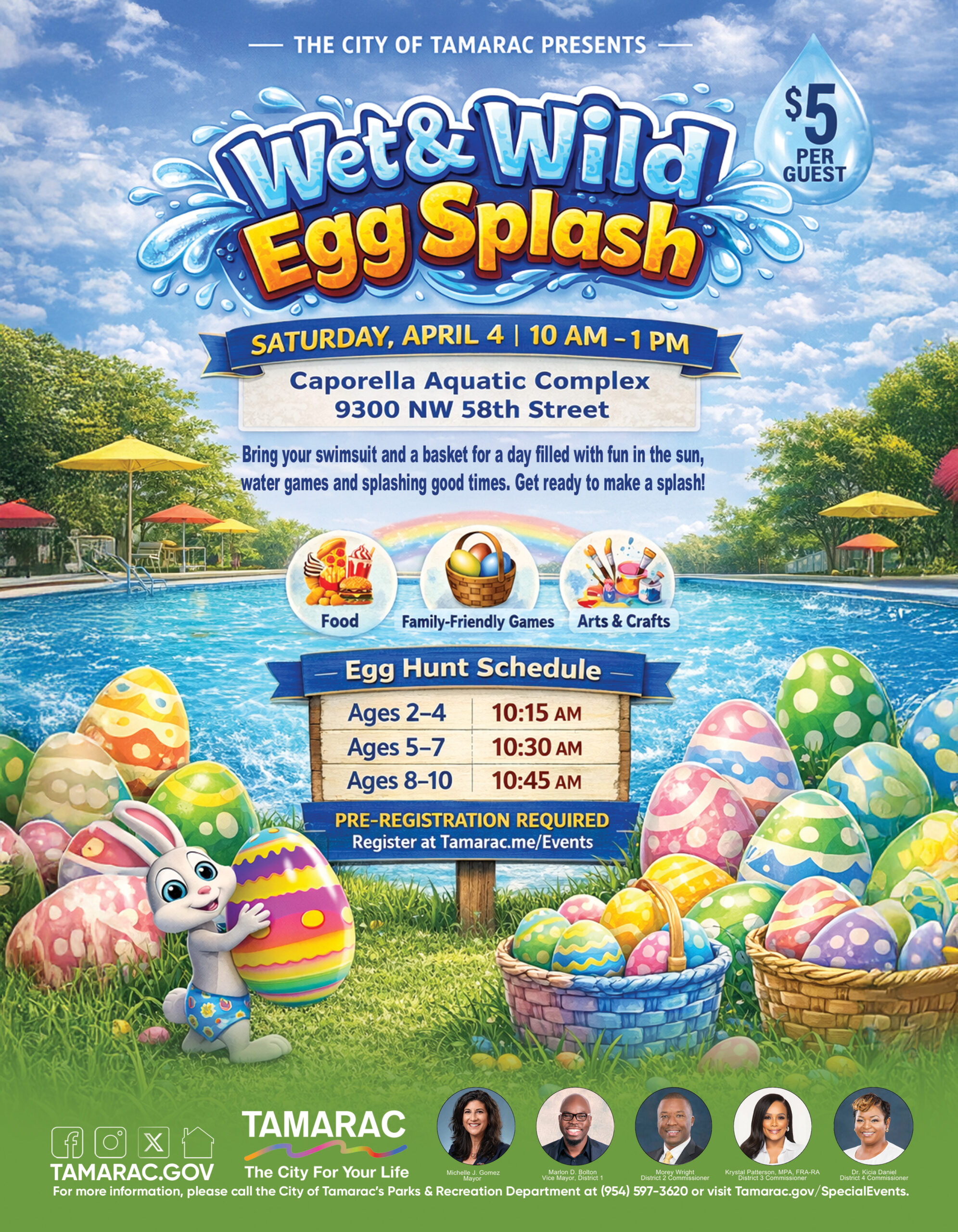 Colorful Easter eggs decorate the edge of an outdoor pool at Caporella Aquatic Complex. A banner promotes the “Wet & Wild Egg Splash” event, with details on date, time, location, and an egg hunt schedule. South Florida Business & Wealth