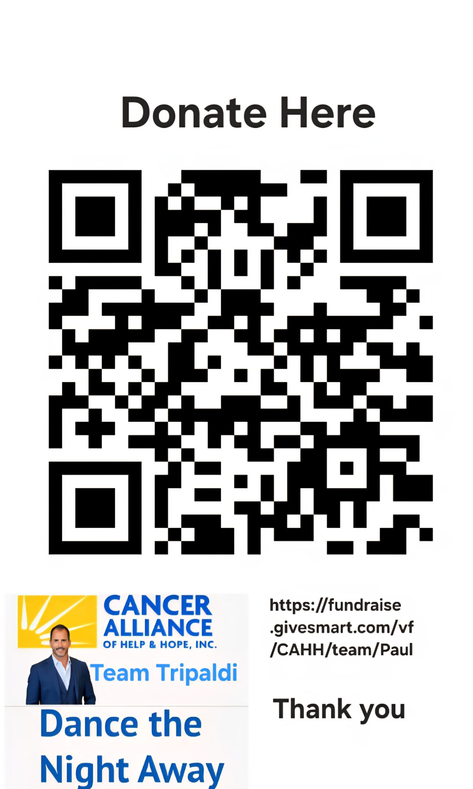 Black-and-white QR code with the words “Donate Here” above it. Below are Cancer Alliance of Help & Hope, Inc. and Team Tripaldi logos, a fundraiser URL, and the text “Thank you.”. South Florida Business & Wealth