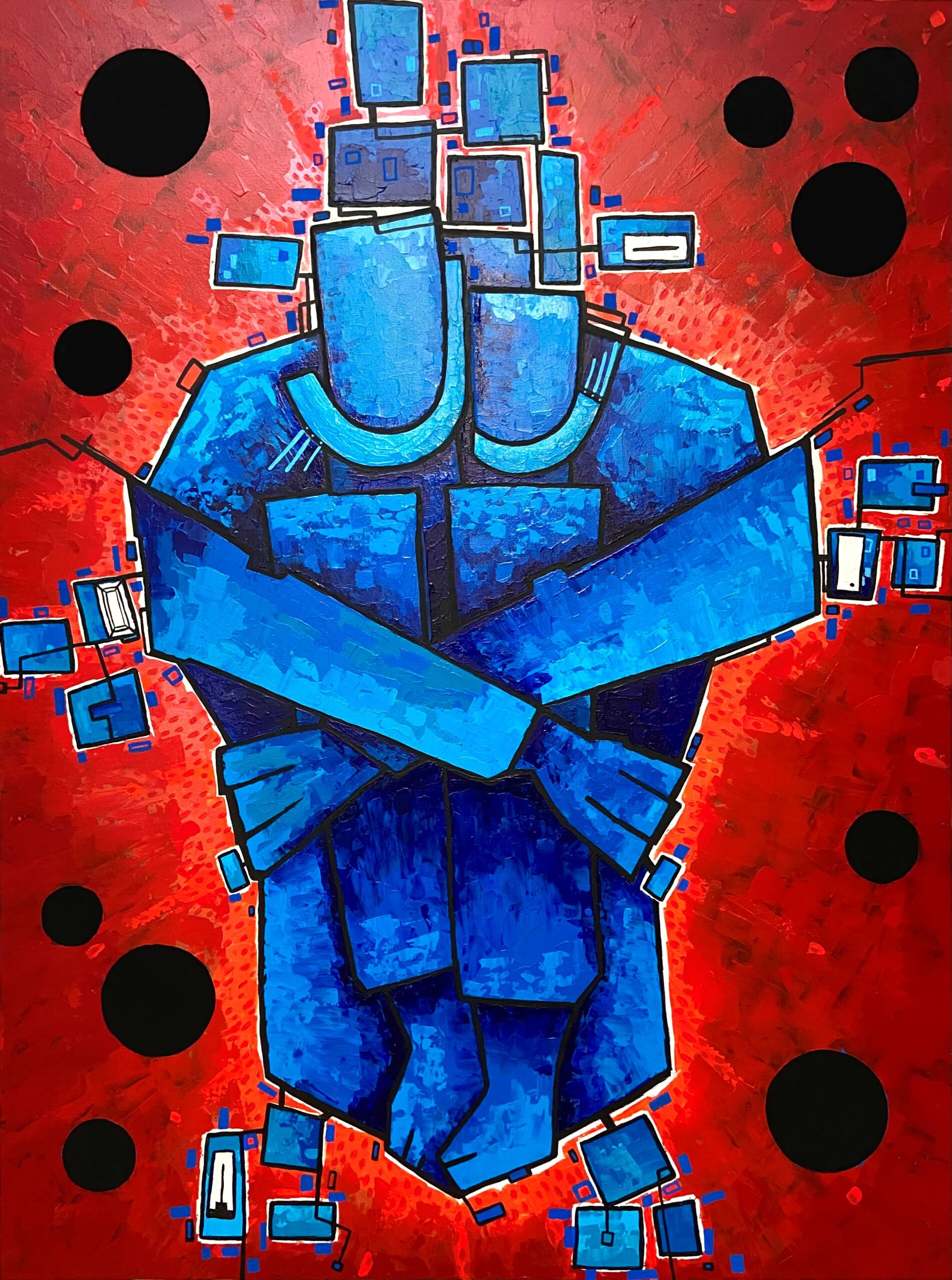 Abstract painting of two stylized, geometric blue figures embracing against a textured red background with black circles and scattered blue shapes, creating a dynamic, modern composition. South Florida Business & Wealth