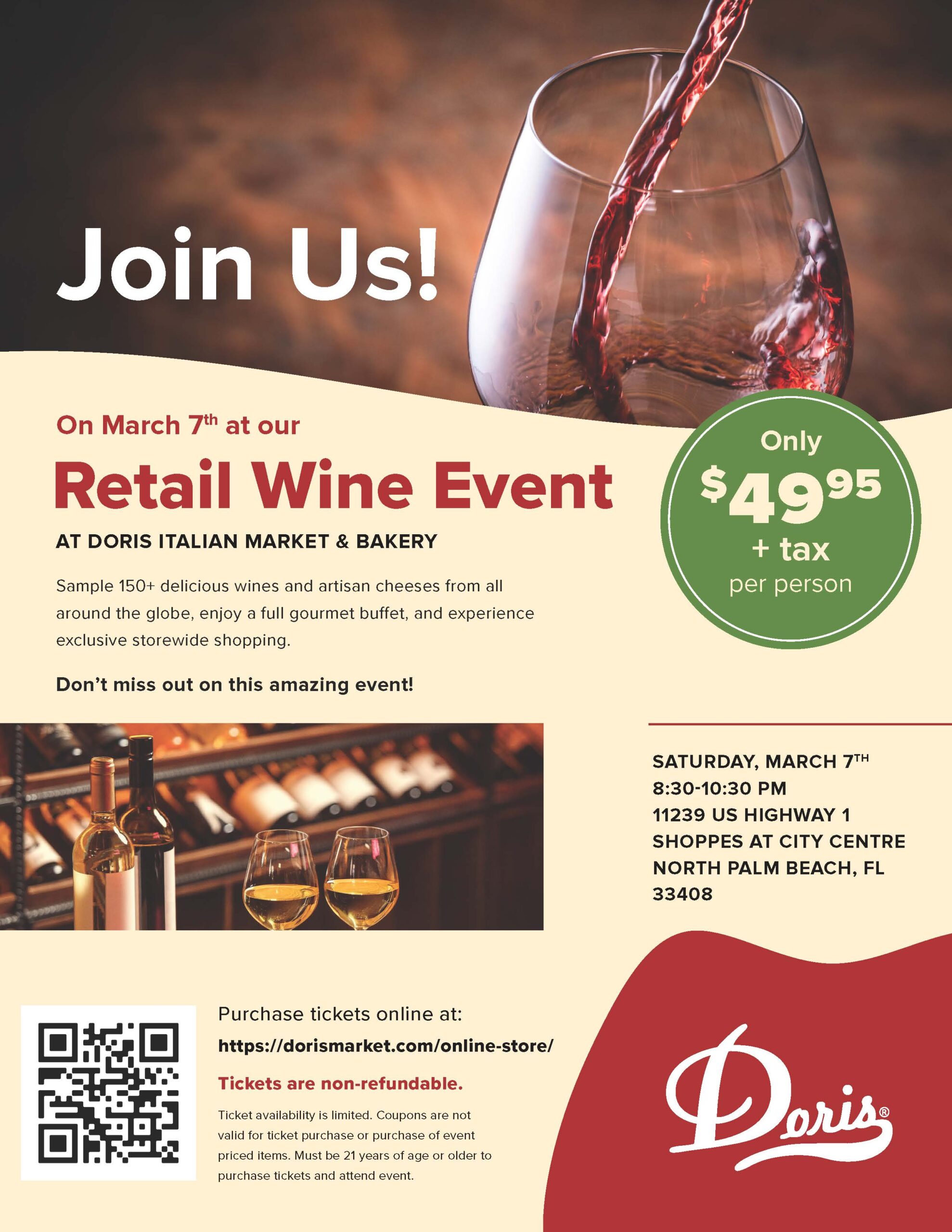 Flyer for a Retail Wine Event on March 7th at Doris Italian Market features two wine glasses clinking, event details, price of $49.95 plus tax per person, and a Doris logo at the bottom. South Florida Business & Wealth