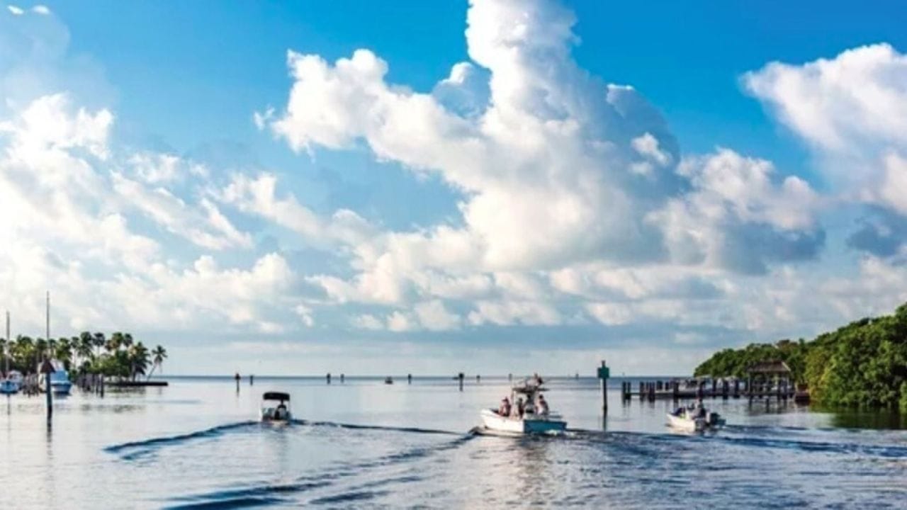 Boats travel on a calm body of water under a blue sky with scattered clouds. Green trees and small docks line the shoreline, and the water reflects the sky above. South Florida Business & Wealth