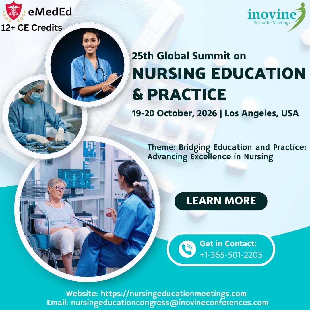 Promotional poster for the 25th Global Summit on Nursing Education & Practice, held in Los Angeles in October 2026; includes images of nurses, event details, contact info, and a "Learn More" button. South Florida Business & Wealth