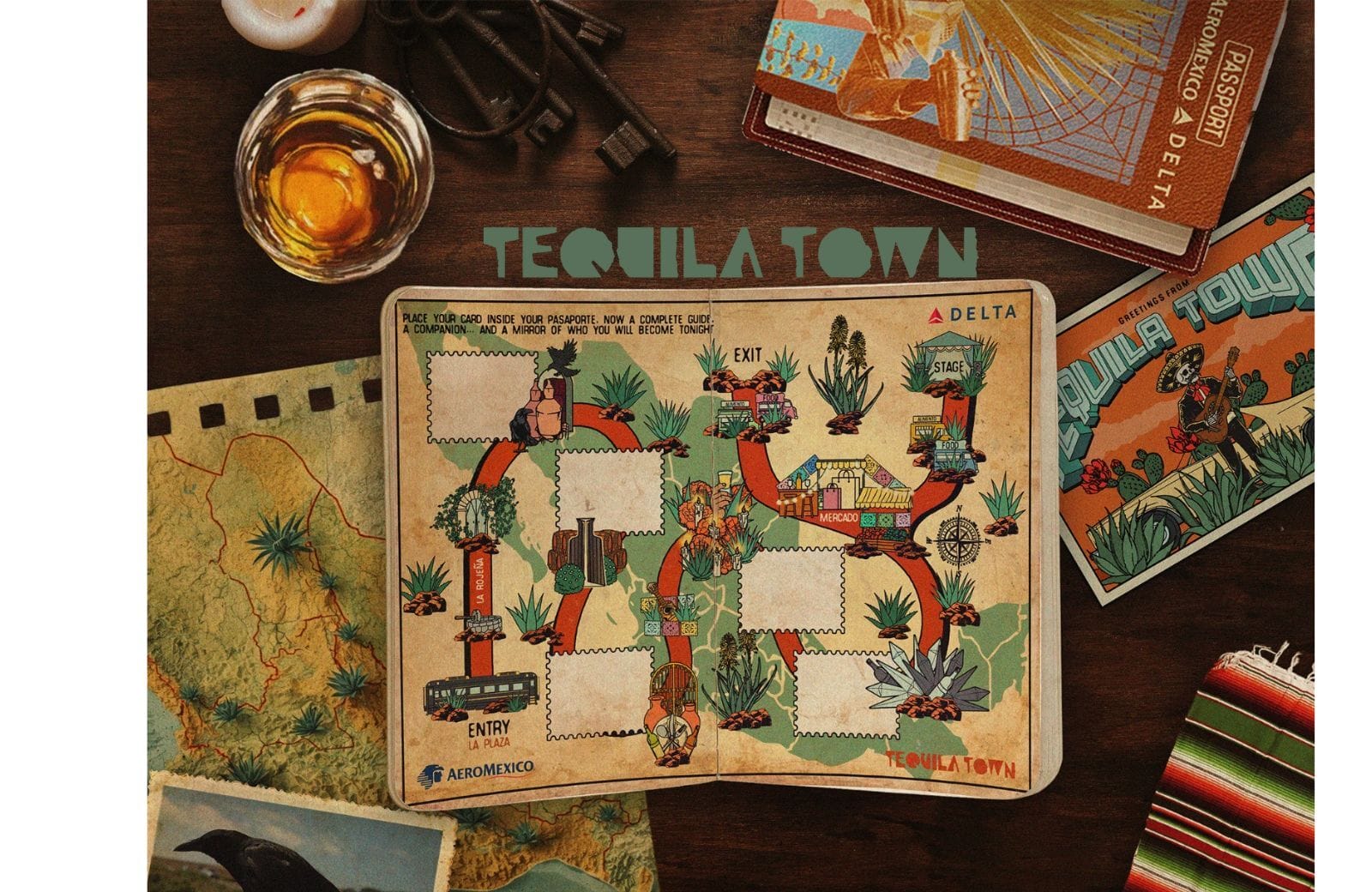 A map-themed board game called "Tequila Town" is surrounded by a glass of liquor, a passport, a vintage camera, a tourist brochure, and a map, evoking a travel and adventure atmosphere. South Florida Business & Wealth
