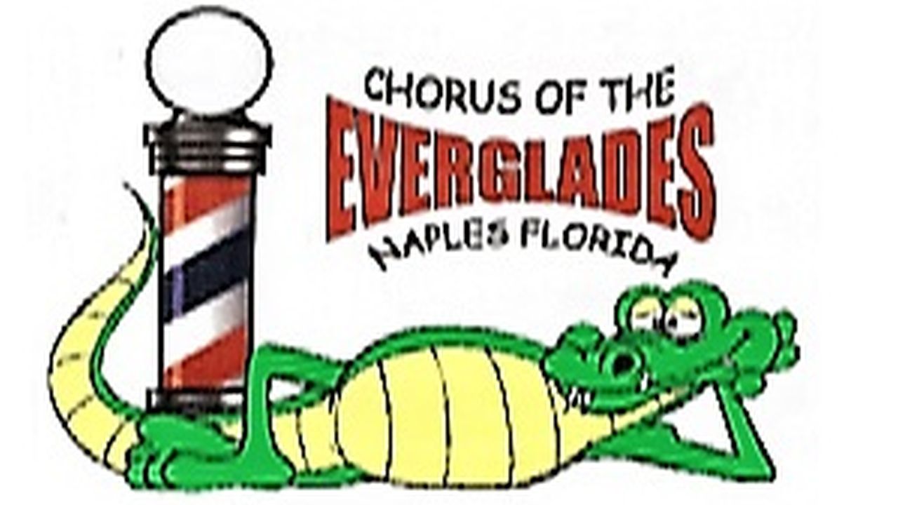 Cartoon alligator lounging beside a barber pole with the text "Chorus of the Everglades Naples Florida" in a playful font above. South Florida Business & Wealth