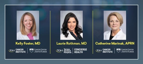 Three women doctors, each photographed individually in white coats, are shown with their names and titles: Kelly Foster, MD; Laurie Rothman, MD; and Catherine Marinak, APRN, along with hospital and cancer center logos. South Florida Business & Wealth