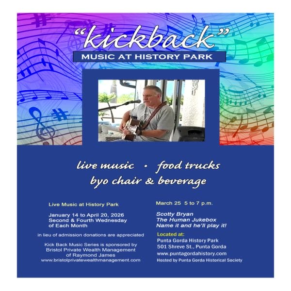 Event flyer for "Kickback" Music at History Park, featuring a man playing guitar. Event offers live music, food trucks, and is BYO chair and beverage. Includes event dates, times, and location info on a blue musical notes background. South Florida Business & Wealth