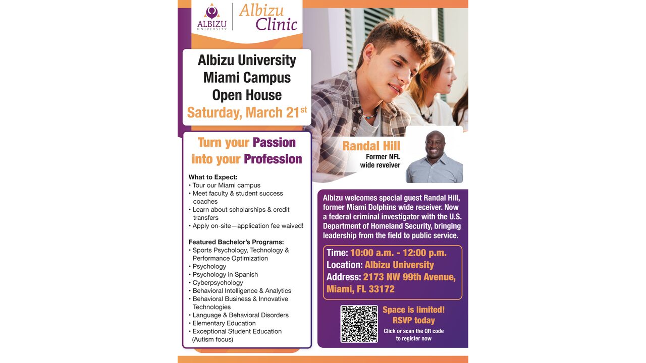 Flyer for Albizu University Miami Campus Open House on March 21st, featuring event details, a photo of a smiling young man, and guest speaker Randall Hill. Lists programs offered and RSVP information. Purple, orange, and white color scheme. South Florida Business & Wealth