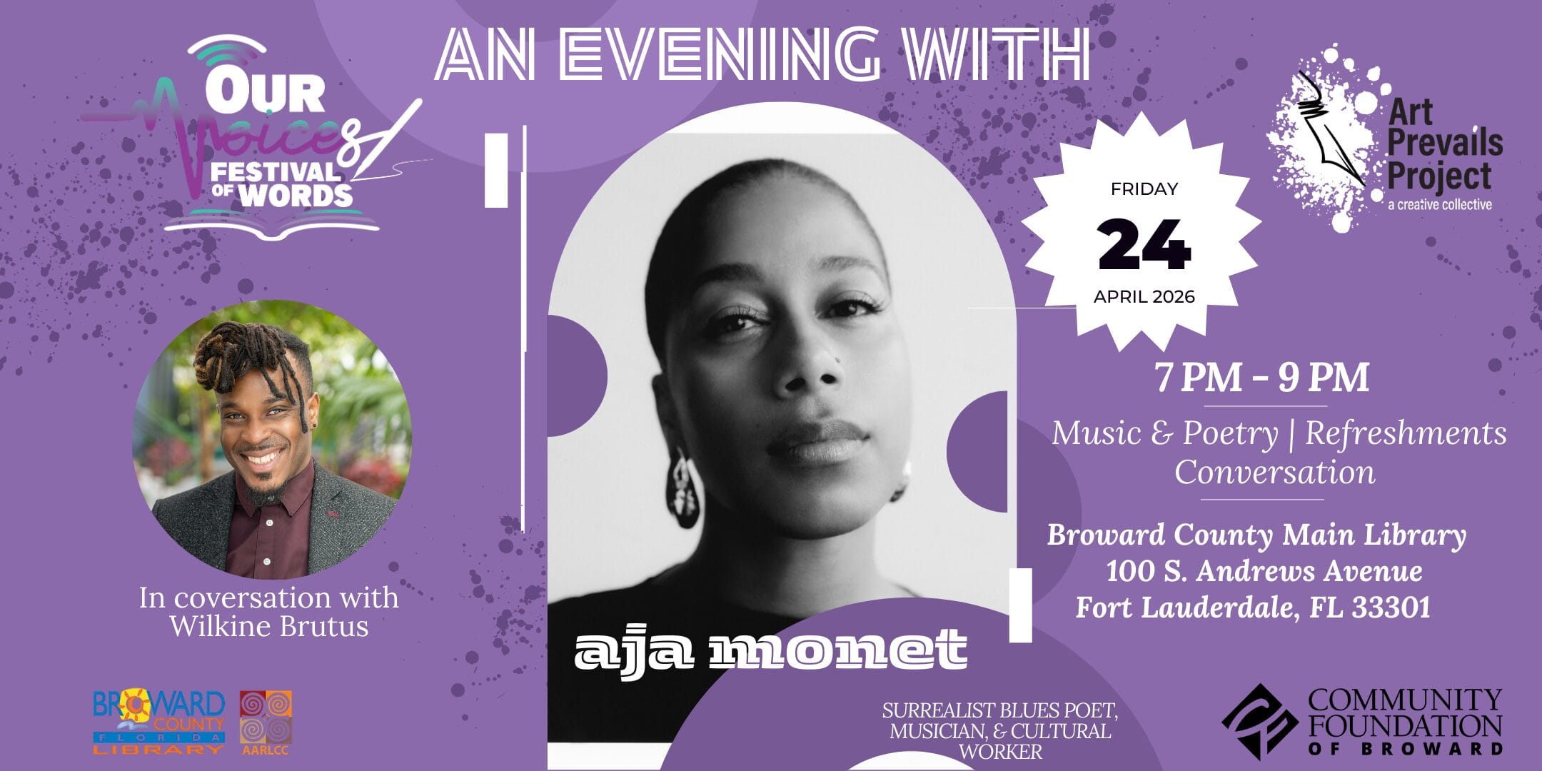 Event flyer with a black-and-white photo of aja monet, promoting "An Evening With Aja Monet" on April 24, 2026, 7–9 PM at Broward County Main Library, featuring music, poetry, and conversation. South Florida Business & Wealth