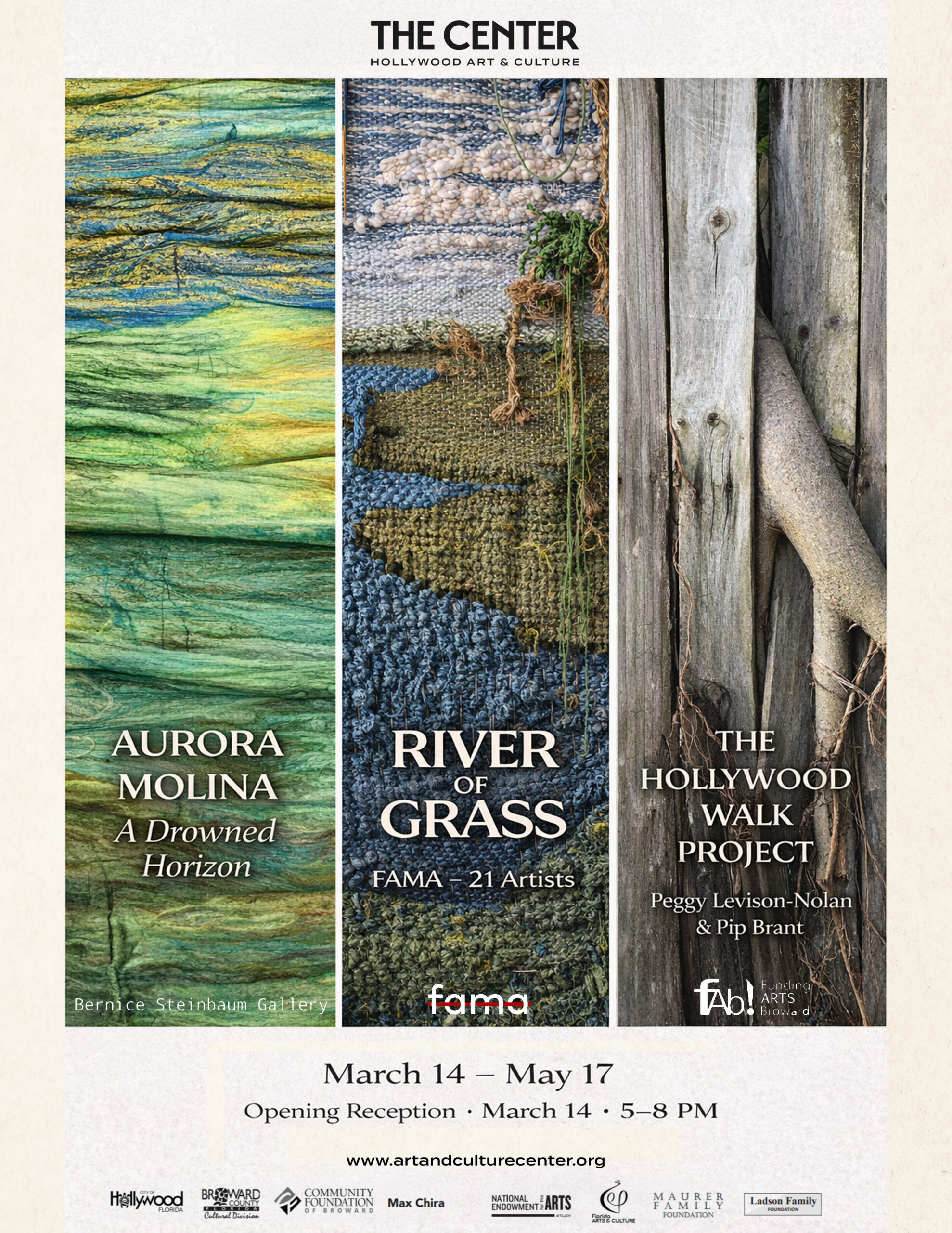 Art exhibition poster with three panels: green textured fabric (Aurora Molina: A Drowned Horizon), wavy green and blue lines (River of Grass: 21 Artists), and vertical wood planks (The Hollywood Walk Project). Dates: March 14–May 17. South Florida Business & Wealth