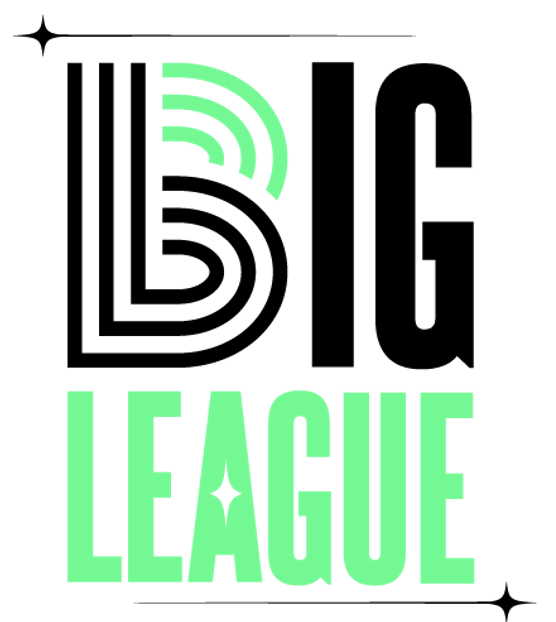 Stylized text logo reading "BIG LEAGUE." The word "BIG" is in black with a bold, geometric design, while "LEAGUE" is in bright green with a star shape inside the "A." Decorative stars are in the corners. South Florida Business & Wealth