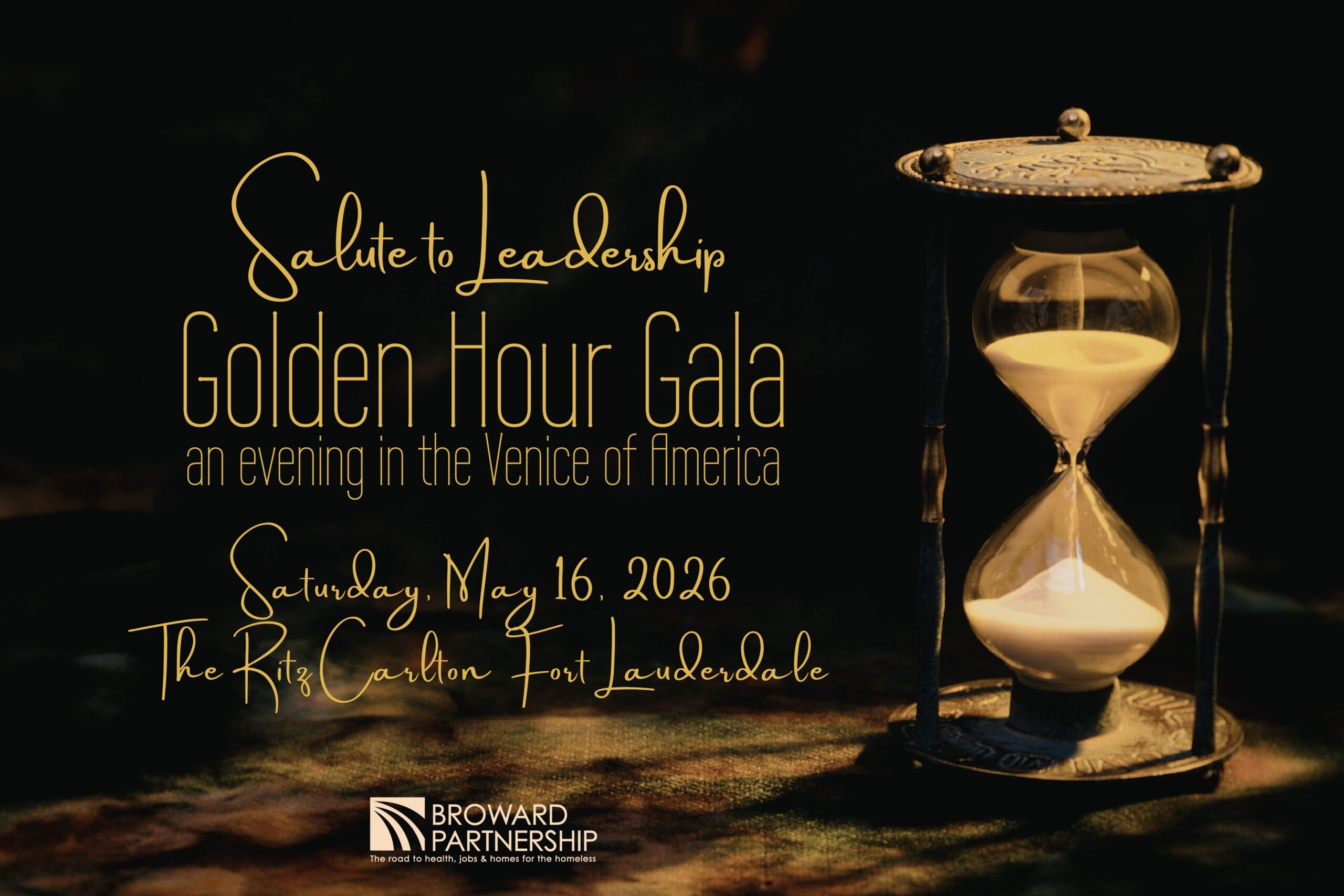 An elegant event invitation features a vintage hourglass and gold text announcing the “Golden Hour Gala” on May 16, 2026, at The Ritz Carlton, Fort Lauderdale, hosted by Broward Partnership. South Florida Business & Wealth