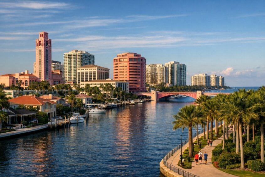 A view of a waterfront city with tall buildings, a pink bridge, and boats docked along the water. Palm trees line a walkway where people are strolling under a clear blue sky. South Florida Business & Wealth