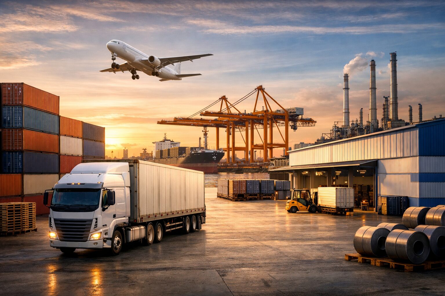 A white semi-truck, cargo containers, a forklift, and large metal rolls at an industrial shipping yard, with a plane flying overhead and cranes and factories in the background at sunset. South Florida Business & Wealth