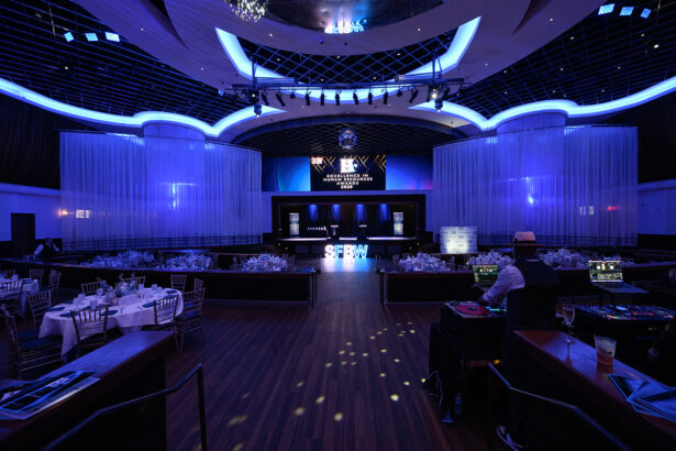 A large, elegant event hall with blue lighting, round dining tables set for guests, and a stage with large screens that display "Excellence in Banking Awards." A DJ stands at a booth in the foreground. South Florida Business & Wealth