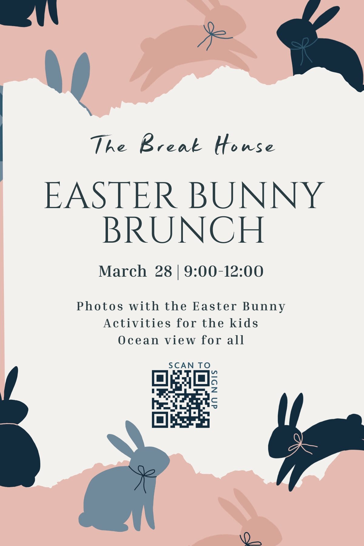 Easter Bunny Brunch flyer with a pink and white background, blue and navy bunny illustrations, event details for March 28, 9:00-12:00, and a QR code for sign-up. Activities and ocean view are mentioned. South Florida Business & Wealth