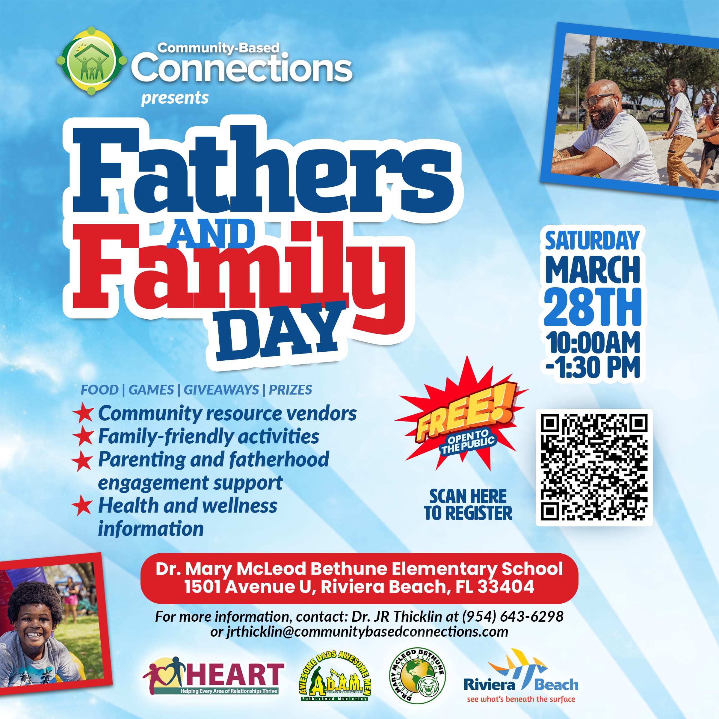 Event flyer for "Fathers and Family Day" on Saturday, March 28th, 10 AM–1:30 PM, held at Dr. Mary McLeod Bethune Elementary in Riviera Beach, FL. Includes activities, giveaways, and a QR code to register. South Florida Business & Wealth